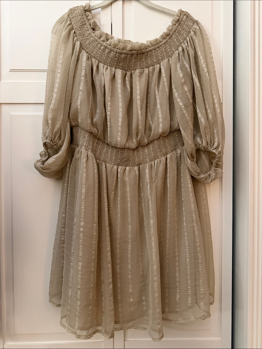 ASOS Design Off Shoulder Smocked Puff Sleeve Dress Beige US 12